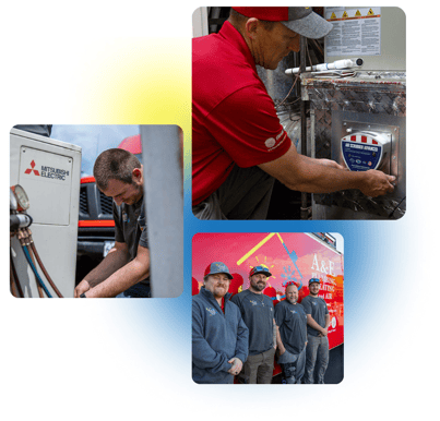 3 images of the A&amp;E Plumbing, Heating and Air HVAC technicians with different HVAC systems.
