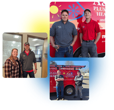 3 photos of the A&E Plumbing, Heating and Air team are stacked together.