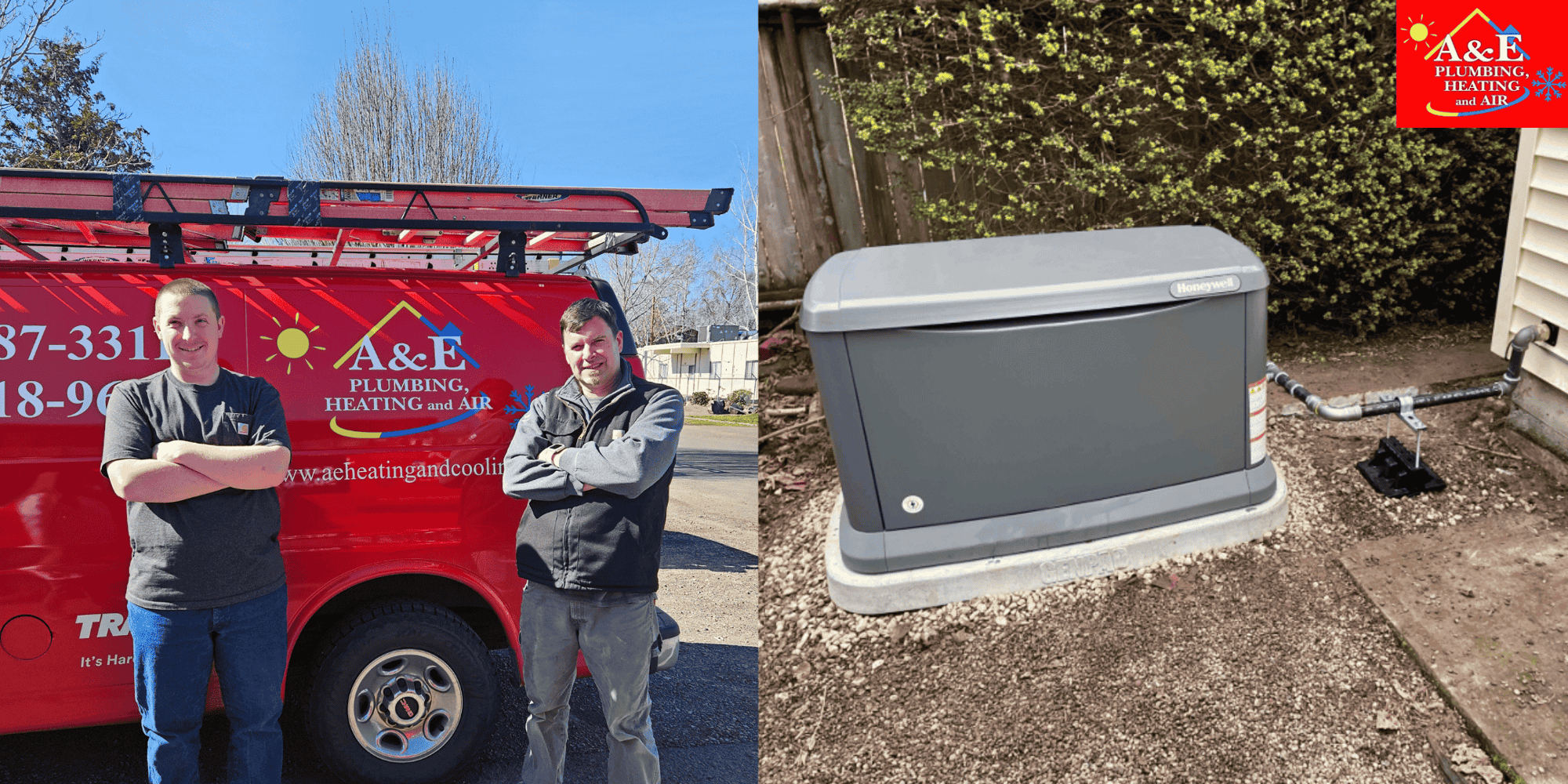 The A&E team stands next to a freshly installed Honeywell Whole-Home Generator.