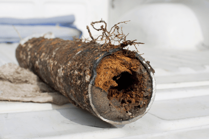 A removed pipe is cut to reveal the buildup within, showing how drain maintenance is necessary for pipe and plumbing health.