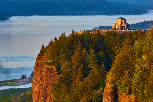 An aerial shot of the vista house view point in Corbett, OR with the Columbia River in the background.
