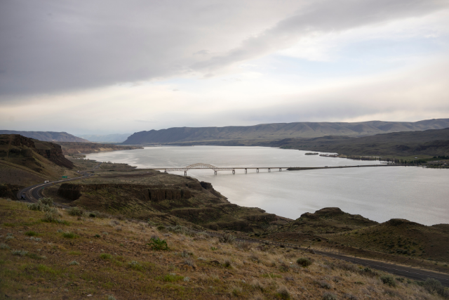A shot of the bridge connecting between The Dalles and Dallesport over the Columbia River Gorge.