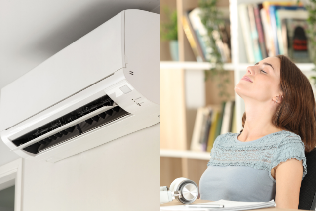 A woman enjoys the fresh indoor air quality provided to her by her HVAC system.