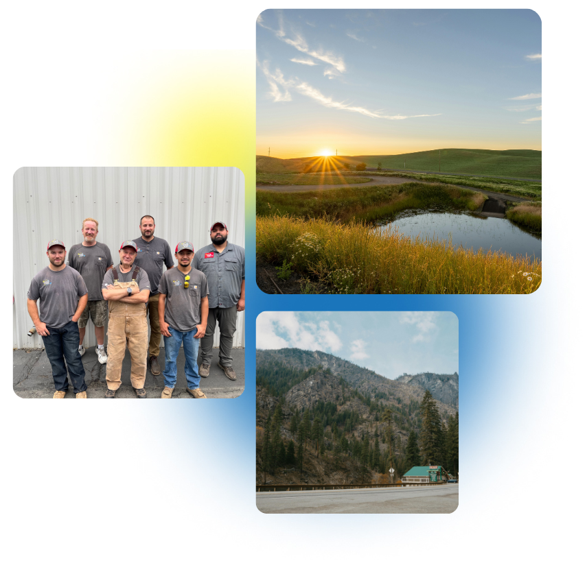 3 photos of Glenwood, WA and A&E Plumbing, Heating and Air employees are stacked together.