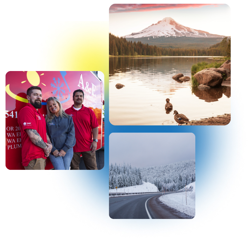 3 images of A&E employees and Government Camp, OR are stacked with a yellow and blue gradient background.