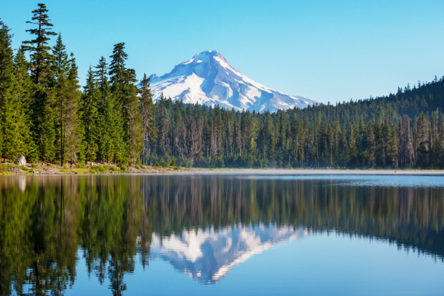 A lake with Mt Hood in the background in Government Camp, OR.