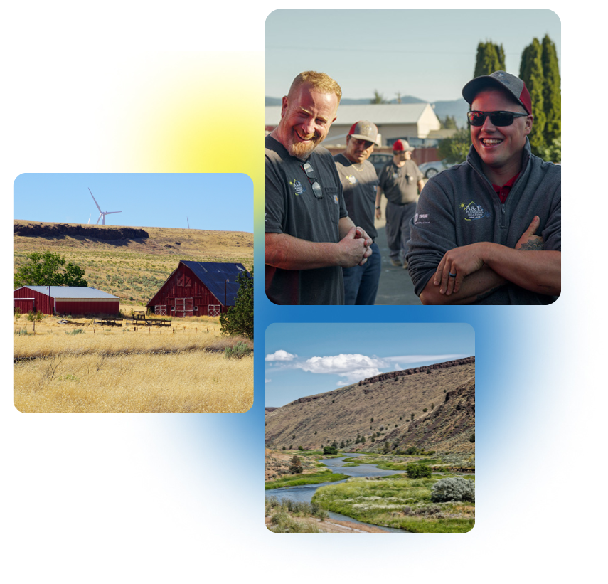 3 photos of Grass Valley, OR and A&E Plumbing, Heating and Air employees are stacked together. 
