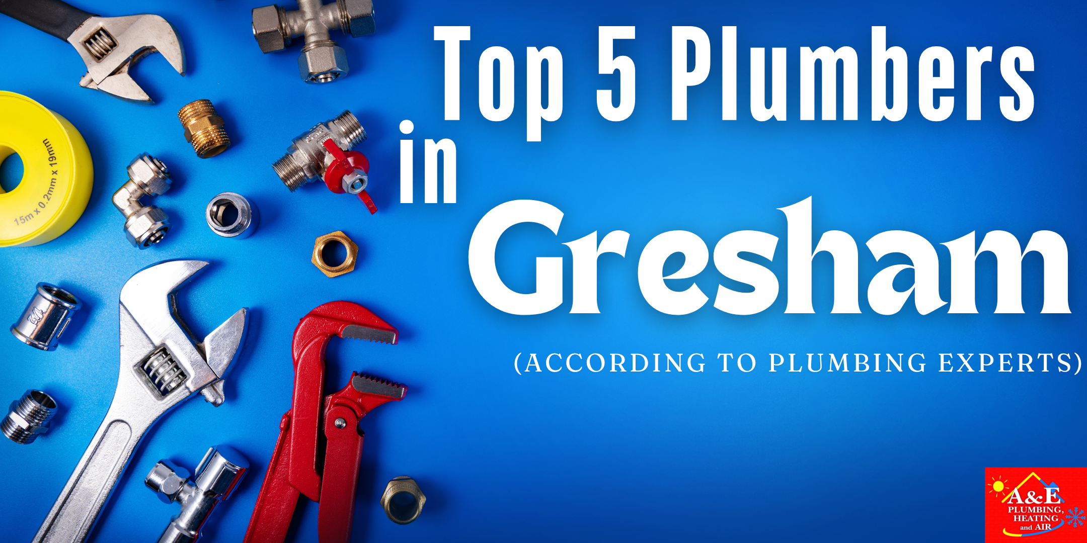 A blue background rests underneath plumbing equipment on the left of the image, with text that reads