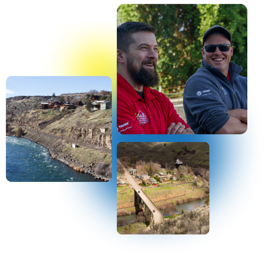 3 photos of Maupin, OR and A&E Plumbing, Heating and Air employees are stacked together.