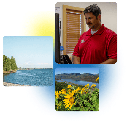 3 images of A&E employees and Stevenson, WA are stacked with a yellow and blue gradient background.