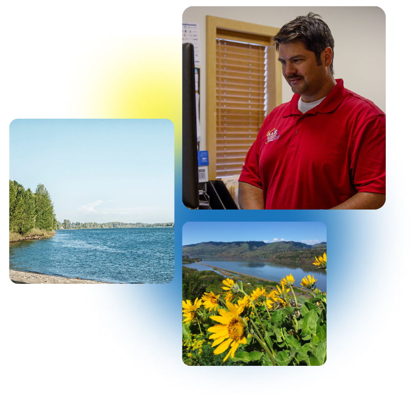 3 images of A&E employees and Stevenson, WA are stacked with a yellow and blue gradient background.