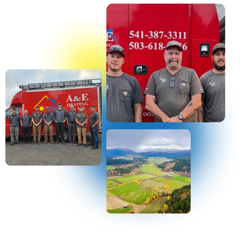 3 photos of Trout Lake, WA and A&E Plumbing, Heating and Air employees are stacked together.