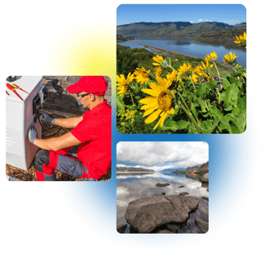 3 photos of White Salmon, WA and A&E Plumbing, Heating and Air employees are stacked together.